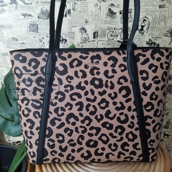 Kate Spade NWT Black Cara Leopard Animal Print Large Leather Tote Shoulder Bag - Picture 1 of 13
